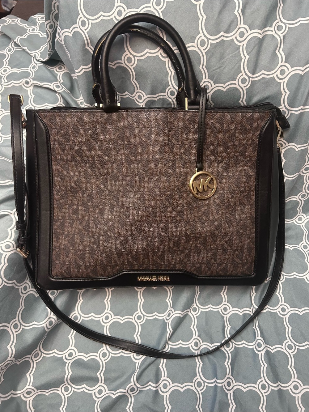 Michael Kors Brown and Black Logo Satchel with Gold MK Charm